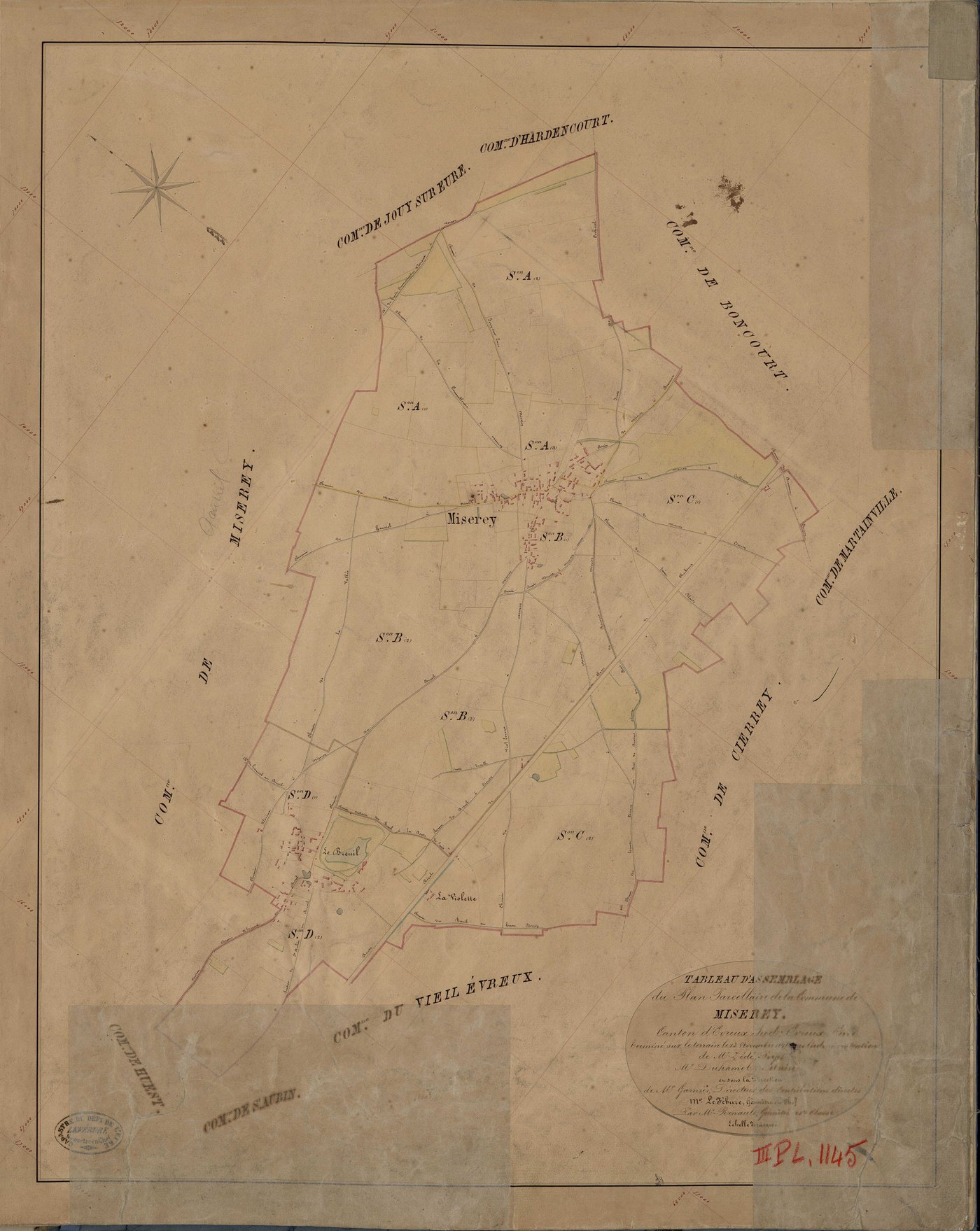Miserey. Tableau d'assemblage _ du Plan Parcellaire de la Commune de Miserey _ Canton de Evreux Sud - Evreux - Eure. _ Terminé sur le Terrain le 13 Novembre 1845, sous l'administration de M. Zédé, Préfet _ M. Duhamel, Maire _ sous la Direct