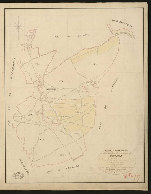 Montaure. Tableau d'assemblage _ du Plan Parcellaire de la Commune de Montaure. _ Canton de Pont-de-l'Arche - Louviers - Eure. _ Terminé sur le terrain le 4 Octobre 1834 sous l'administration de M. A. Passy, Préfet _ M. Sevestre, maire _ en