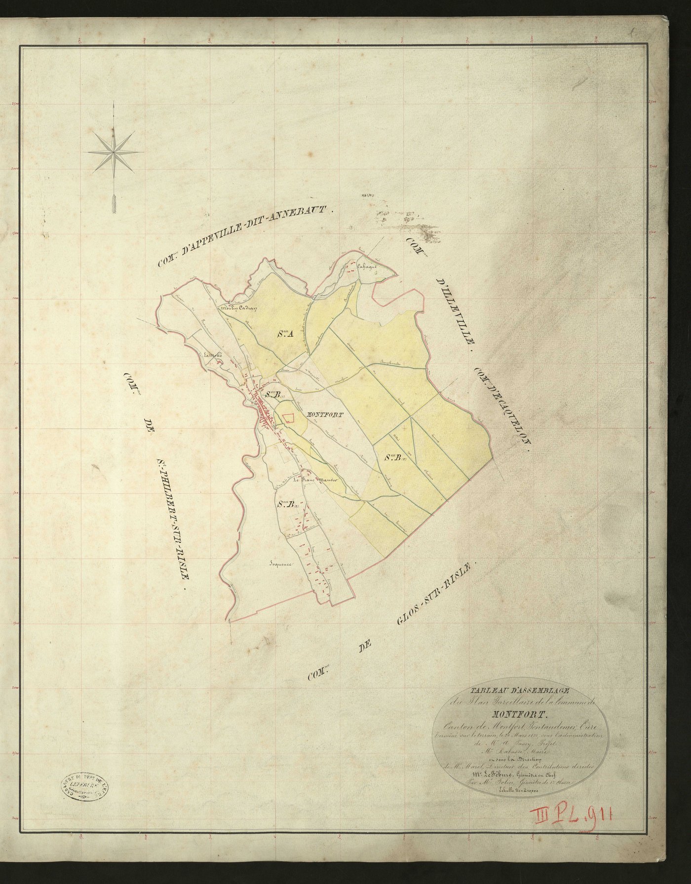Montfort-sur-Risle. Tableau d'assemblage _ du Plan Parcellaire de la Commune de Montfort _ Canton de Montfort - Pontaudemer - Eure. _ Terminé sur le Terrain le 20 mars 1832, sous l'administration de M. A Passy, Préfet _ M. Rabasse, Maire _ 