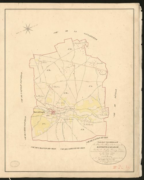 Montreuil-l'Argillé. Tableau d'assemblage _ du Plan Parcellaire de la Commune de _ Montreuil-l'Argillé _ Canton de Broglie - Bernay - Eure. _ Terminé sur le terrain le 6 septembre 1831 sous l'administration _ de Mr Passy, Préfet _ Mr Leverd