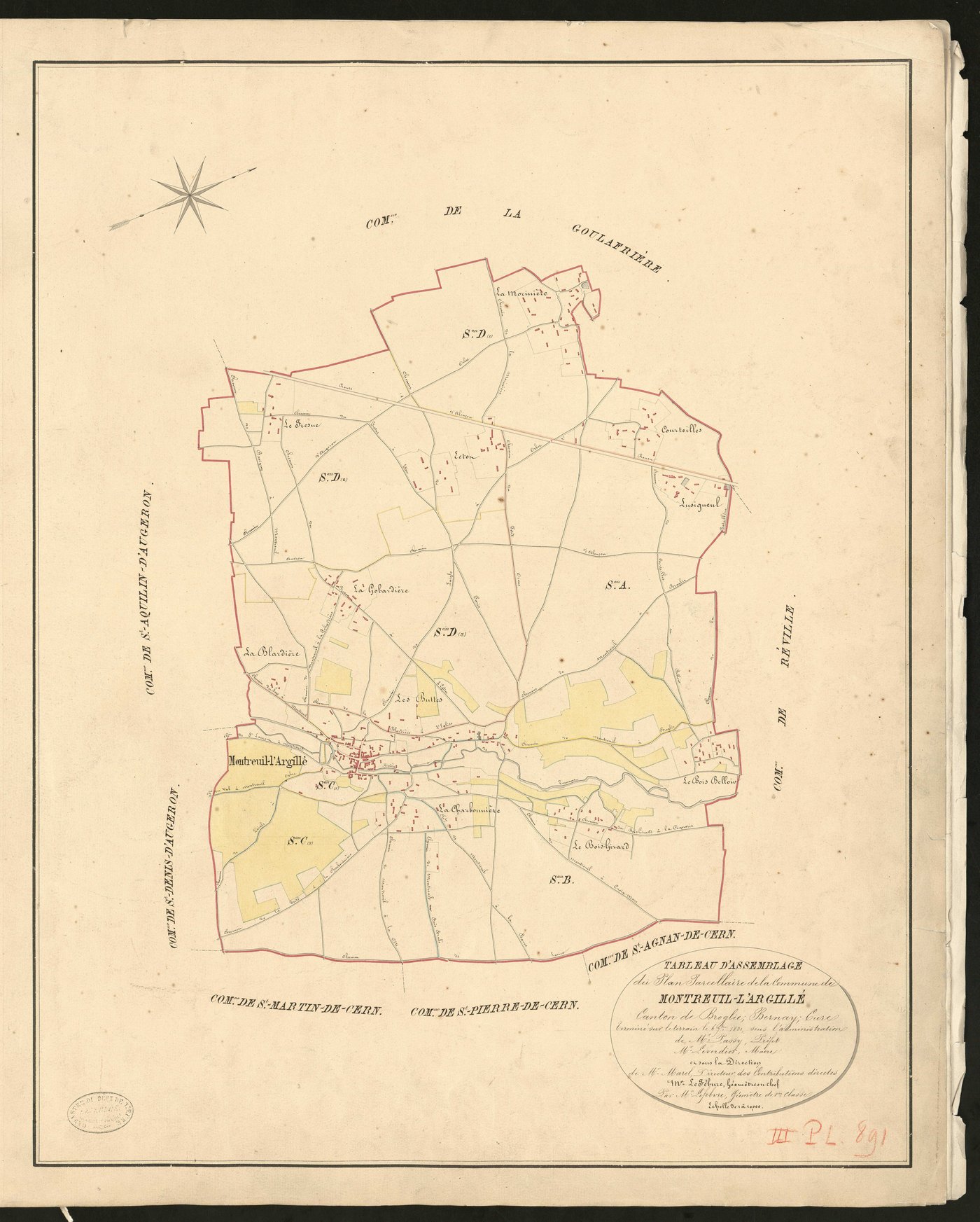 Montreuil-l'Argillé. Tableau d'assemblage _ du Plan Parcellaire de la Commune de _ Montreuil-l'Argillé _ Canton de Broglie - Bernay - Eure. _ Terminé sur le terrain le 6 septembre 1831 sous l'administration _ de Mr Passy, Préfet _ Mr Leverd