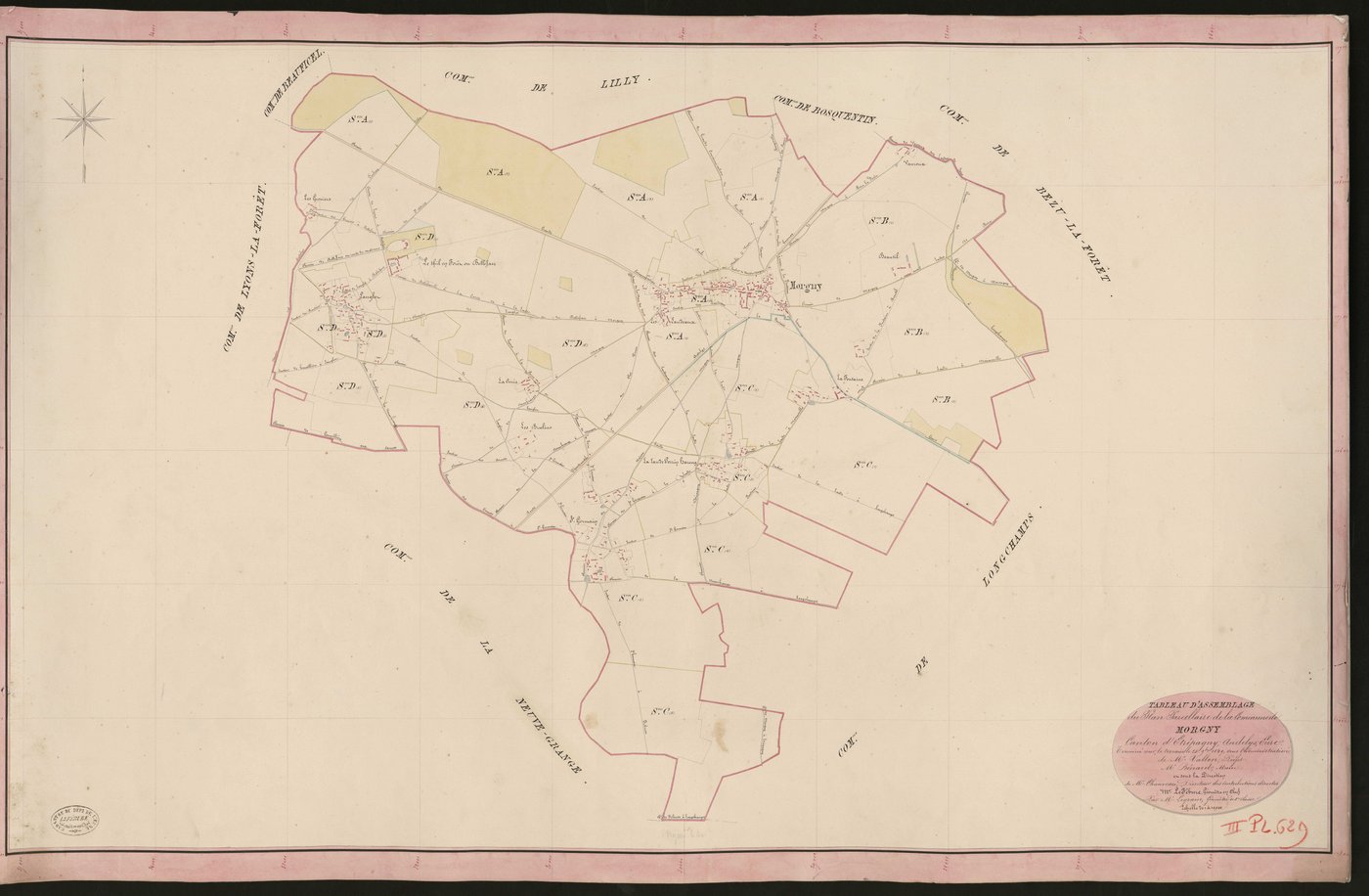Morgny. Tableau d'assemblage du Plan Parcellaire de la Commune de Morgny. _ Canton d'Etrépagny - Andelys - Eure. _ Terminé sur le terrain le 25 septembre 1849, sous l'administration de M. Vallon, Préfet - M. Bénard, Maire et sous la directi
