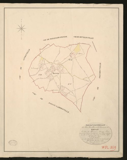 Morsan. Tableau d'assemblage du Plan Parcellaire de la Commune de Morsan. _ Canton de Brionne - Bernay - Eure. _ Terminé sur le terrain le 10 août 1827, sous l'administration de M. Le Vicomte Raymond Delaitre, Préfet - M. Alienne, Maire et 