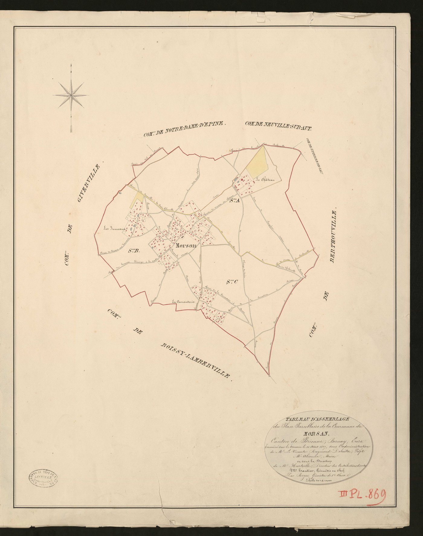 Morsan. Tableau d'assemblage du Plan Parcellaire de la Commune de Morsan. _ Canton de Brionne - Bernay - Eure. _ Terminé sur le terrain le 10 août 1827, sous l'administration de M. Le Vicomte Raymond Delaitre, Préfet - M. Alienne, Maire et 