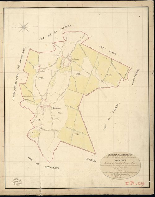 Mouettes. Tableau d'assemblage _ du Plan Parcellaire de la Commune de Mouettes _ Canton de Saint André - Evreux - Eure. _ Terminé sur le Terrain le 29 Novembre 1837, sous l'administration de M. Passy, Préfet _ M. Lefebure, Maire _ et sous l