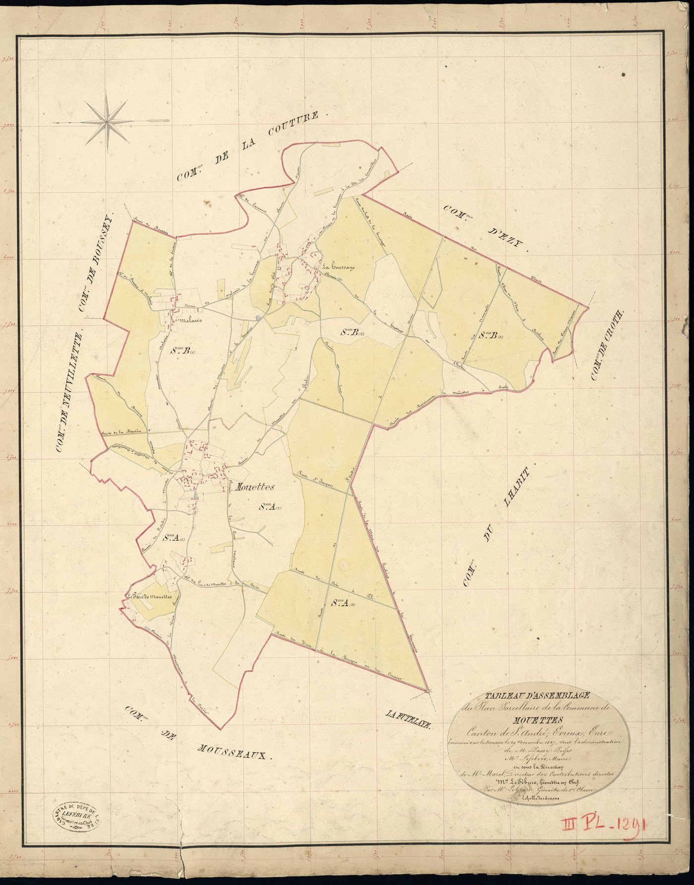 Mouettes. Tableau d'assemblage _ du Plan Parcellaire de la Commune de Mouettes _ Canton de Saint André - Evreux - Eure. _ Terminé sur le Terrain le 29 Novembre 1837, sous l'administration de M. Passy, Préfet _ M. Lefebure, Maire _ et sous l