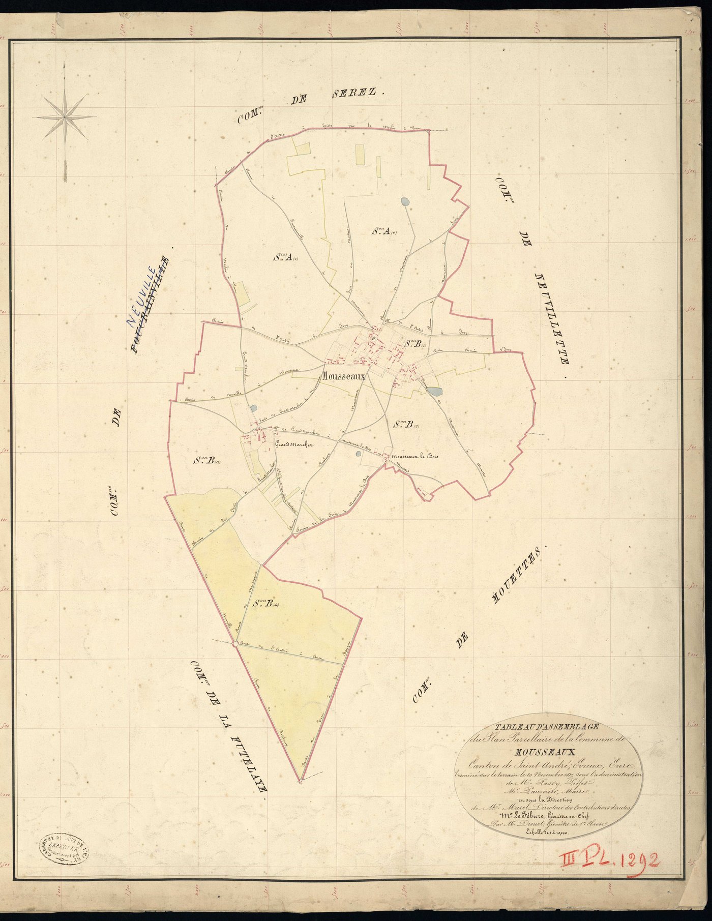 Mousseaux-Neuville. Tableau d'assemblage _ du Plan Parcellaire de la Commune de Mousseaux _ Canton de Saint André - Evreux - Eure. _ Terminé sur le Terrain le 20 Novembre 1837, sous l'administration de M. Passy, Préfet _ M. paumier, Maire _
