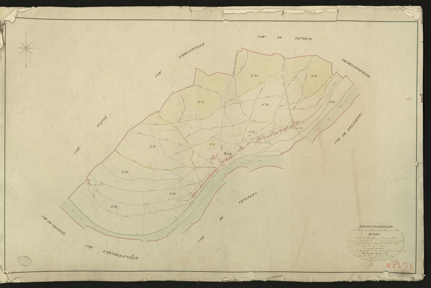 Muids. Tableau d'assemblage du Plan Parcellaire de la Commune de Muids _ Canton de Gaillon - Louviers - Eure. _ Terminé sur le terrain en 1829, sous l'administration de M. Le Vicomte Raymond Delaitre, Préfet - M. Amette, Maire et sous la di