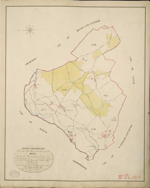 Muzy. Tableau d'assemblage _ du Plan Parcellaire de la Commune de Muzy _ Canton de Nonancourt - Evreux - Eure. _ Terminé sur le Terrain le , sous l'administration de M. Le Vicomte Raymond Delaitre, Préfet _ M. Gallais, Maire _ et sous la Di