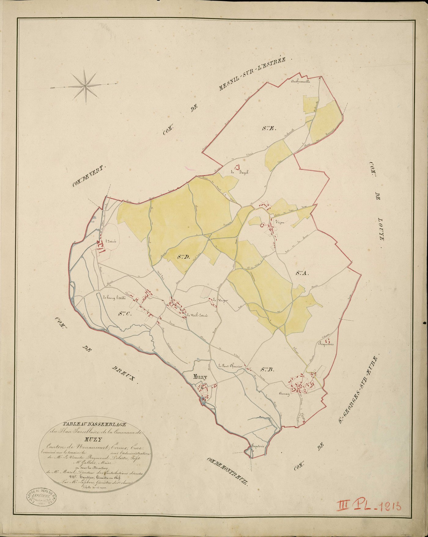 Muzy. Tableau d'assemblage _ du Plan Parcellaire de la Commune de Muzy _ Canton de Nonancourt - Evreux - Eure. _ Terminé sur le Terrain le , sous l'administration de M. Le Vicomte Raymond Delaitre, Préfet _ M. Gallais, Maire _ et sous la Di