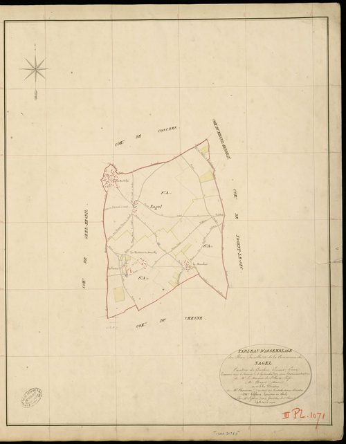 Nagel-Seez-Mesnil. Tableau d'assemblage _ du Plan Parcellaire de la Commune de Nagel _ Canton de Conches - Evreux - Eure. _ Terminé sur le Terrain le 5 Septembre 1853 , sous l'administration de M. Le Marquis de Ste Croix, Préfet _ M. Bagot,