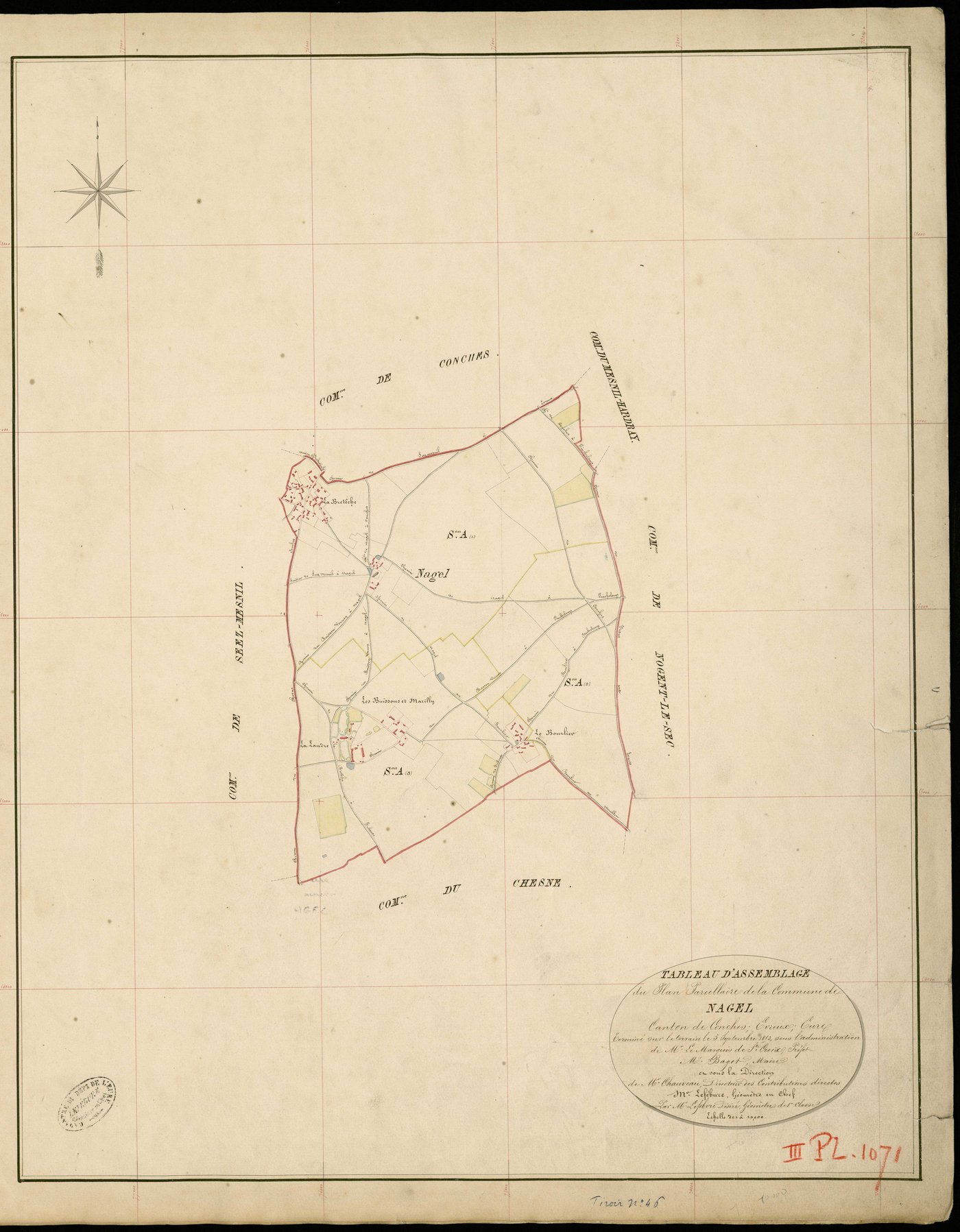 Nagel-Seez-Mesnil. Tableau d'assemblage _ du Plan Parcellaire de la Commune de Nagel _ Canton de Conches - Evreux - Eure. _ Terminé sur le Terrain le 5 Septembre 1853 , sous l'administration de M. Le Marquis de Ste Croix, Préfet _ M. Bagot,