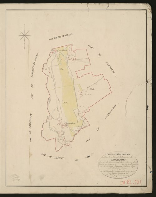Nassandres. Tableau d'assemblage du Plan Parcellaire de la Commune de Nassandres _ Canton de Beaumont-le-Roger - Bernay - Eure. _ Terminé sur le terrain le 1826, sous l'administration de M. Le Vicomte Raymond Delaitre, Préfet - M. Hamel, Ma