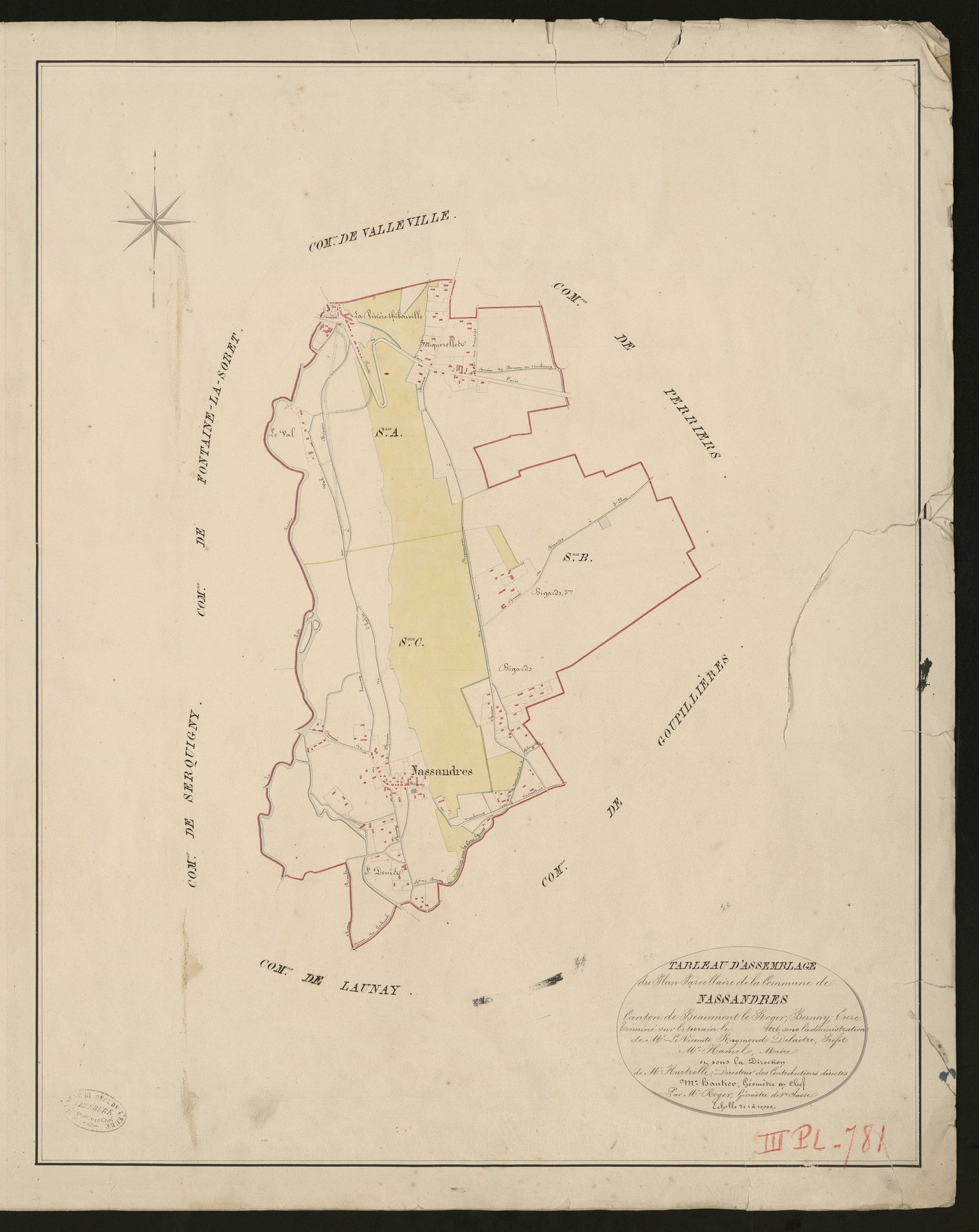 Nassandres. Tableau d'assemblage du Plan Parcellaire de la Commune de Nassandres _ Canton de Beaumont-le-Roger - Bernay - Eure. _ Terminé sur le terrain le 1826, sous l'administration de M. Le Vicomte Raymond Delaitre, Préfet - M. Hamel, Ma