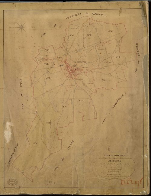 Neubourg (Le). Tableau d'assemblage _ du Plan Parcellaire de la Commune du Neubourg _ Canton de Neubourg - Louviers - Eure. _ Terminé sur le Terrain le 18 Mars 1844, sous l'administration de M. Zédé, Préfet _ M. Paturel, Maire _ et sous la 
