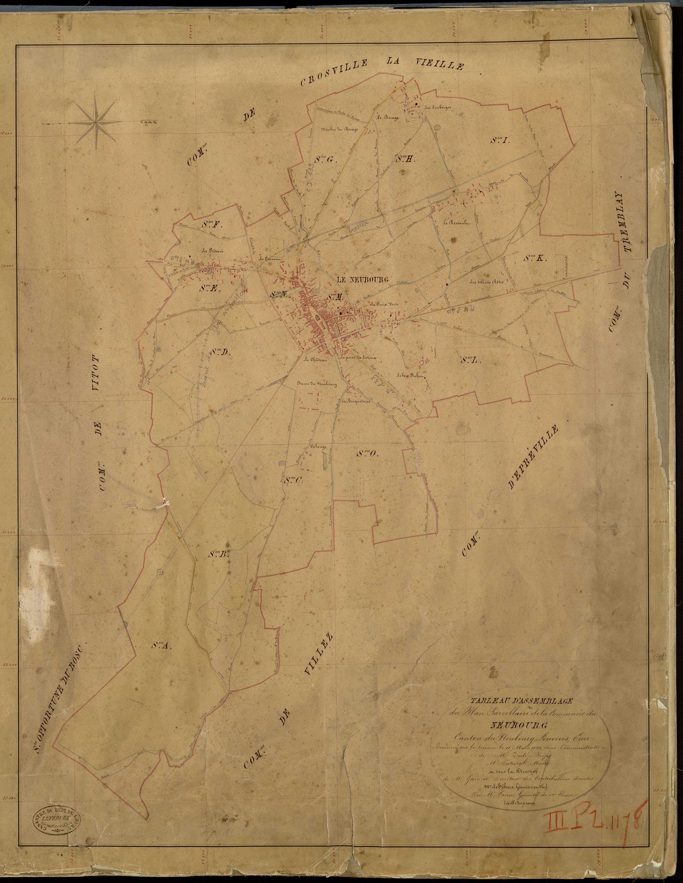 Neubourg (Le). Tableau d'assemblage _ du Plan Parcellaire de la Commune du Neubourg _ Canton de Neubourg - Louviers - Eure. _ Terminé sur le Terrain le 18 Mars 1844, sous l'administration de M. Zédé, Préfet _ M. Paturel, Maire _ et sous la 