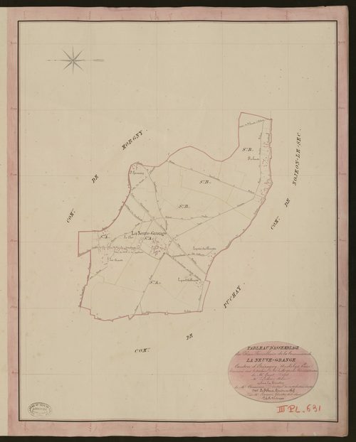 Neuve-Grange (La). Tableau d'assemblage du Plan Parcellaire de la Commune de La Neuve-Grange. _ Canton d'Etrépagny - Andelys - Eure. _ Terminé sur le terrain le 26 juillet 1850, sous l'administration de M. Guyot, Préfet - M. Lejeune, Maire 