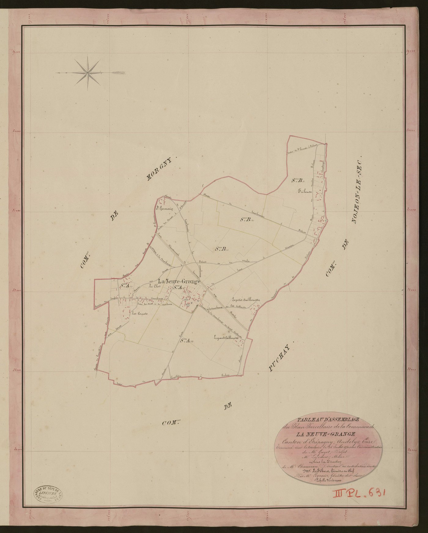 Neuve-Grange (La). Tableau d'assemblage du Plan Parcellaire de la Commune de La Neuve-Grange. _ Canton d'Etrépagny - Andelys - Eure. _ Terminé sur le terrain le 26 juillet 1850, sous l'administration de M. Guyot, Préfet - M. Lejeune, Maire 