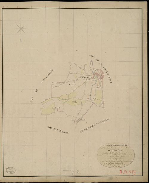 Neuve-Lyre (La). Tableau d'assemblage _ du Plan Parcellaire de la Commune de Neuve-Lyre _ Canton de Rugles - Evreux - Eure. _ Terminé sur le Terrain le 30 Octobre 1834, sous l'administration de M. A Passy, Préfet _ M. Mesnil, Maire _ et sou