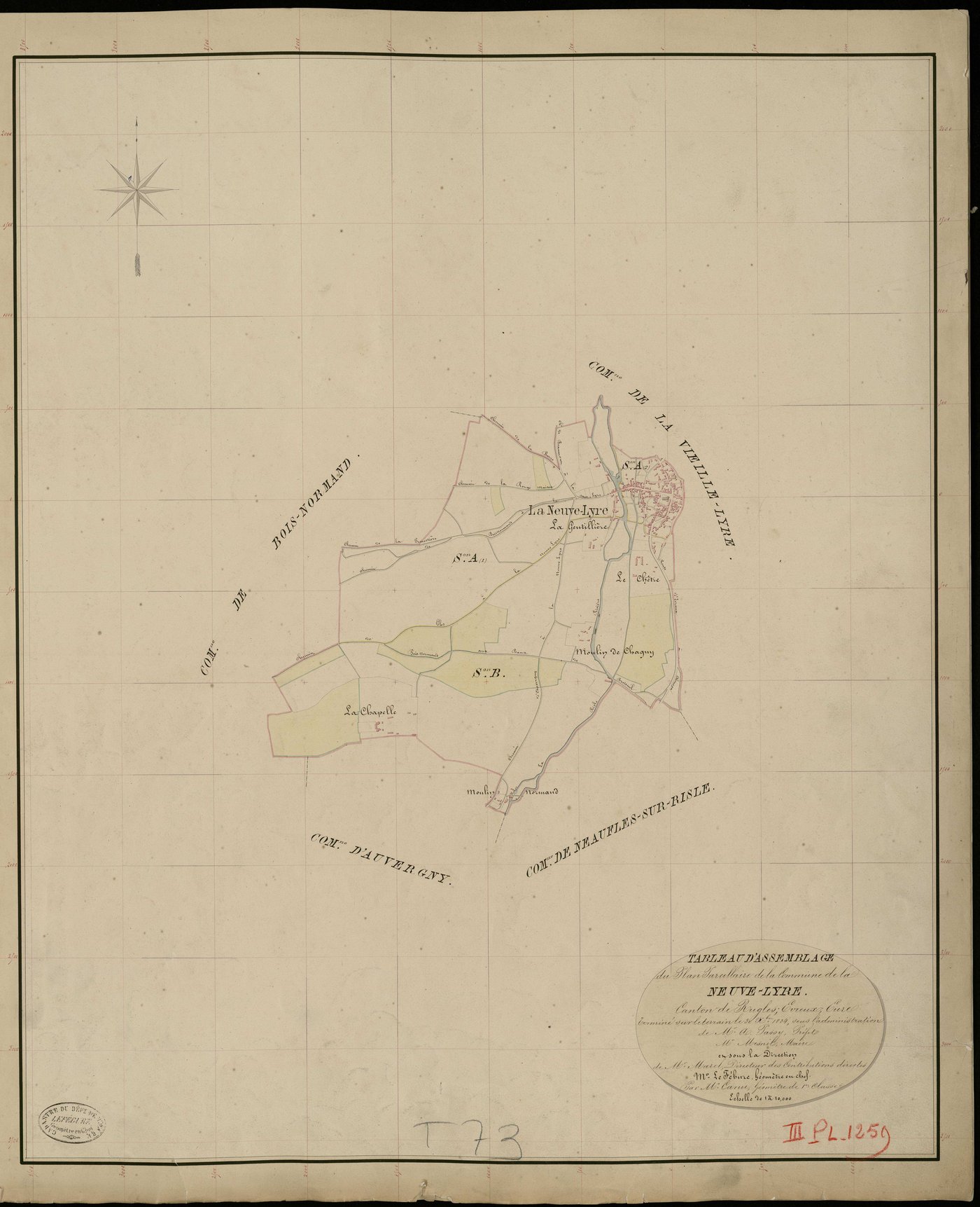 Neuve-Lyre (La). Tableau d'assemblage _ du Plan Parcellaire de la Commune de Neuve-Lyre _ Canton de Rugles - Evreux - Eure. _ Terminé sur le Terrain le 30 Octobre 1834, sous l'administration de M. A Passy, Préfet _ M. Mesnil, Maire _ et sou
