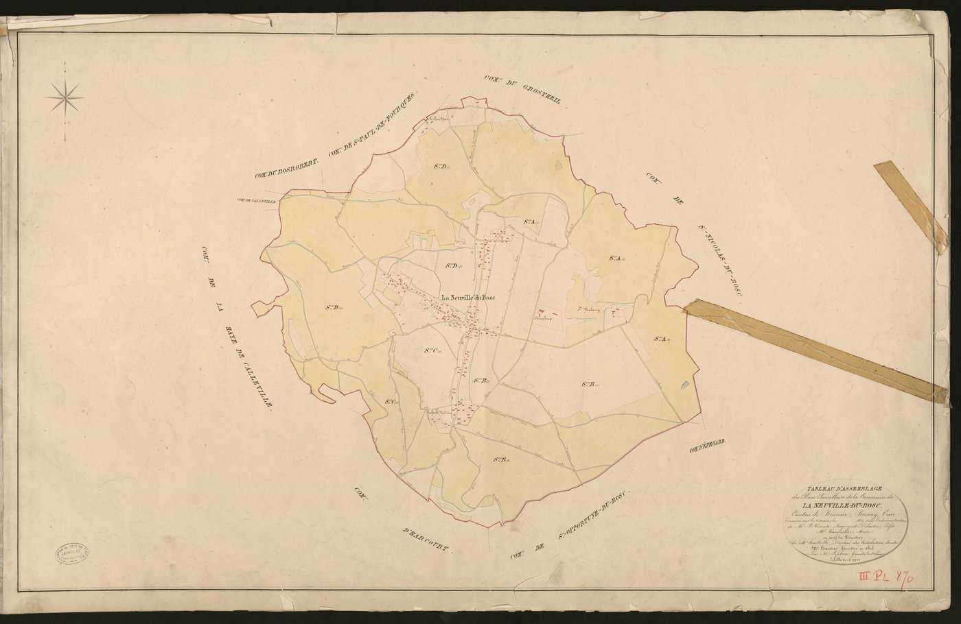 Neuville-du-Bosc (La). Tableau d'assemblage du Plan Parcellaire de la Commune de La Neuville-du-Bosc. _ Canton de Brionne - Bernay - Eure. _ Terminé sur le terrain en 1827, sous l'administration de M. Le Vicomte Raymond Delaitre, Préfet - M