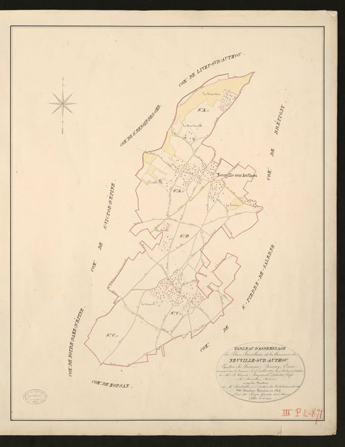 Neuville-sur-Authou. Tableau d'assemblage du Plan Parcellaire de la Commune de Neuville-sur-Autou. _ Canton de Brionne - Bernay - Eure. _ Terminé sur le terrain le 25 juillet 1827, sous l'administration de M. Le Vicomte Raymond Delaitre, Pr
