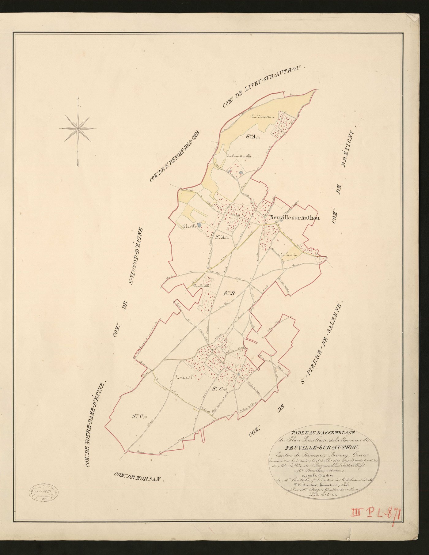 Neuville-sur-Authou. Tableau d'assemblage du Plan Parcellaire de la Commune de Neuville-sur-Autou. _ Canton de Brionne - Bernay - Eure. _ Terminé sur le terrain le 25 juillet 1827, sous l'administration de M. Le Vicomte Raymond Delaitre, Pr