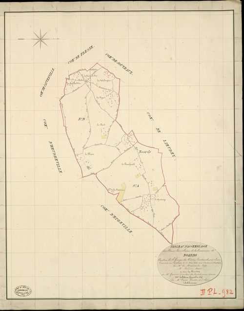 Noards. Tableau d'assemblage _ du Plan Parcellaire de la Commune de Noards _ Canton de St Georges-du-Vièvre - Pontaudemer - Eure. _ Terminé sur le Terrain le 12 mai 1838 , sous l'administration de M. de Monicault, Préfet _ M. Boivin, Maire 