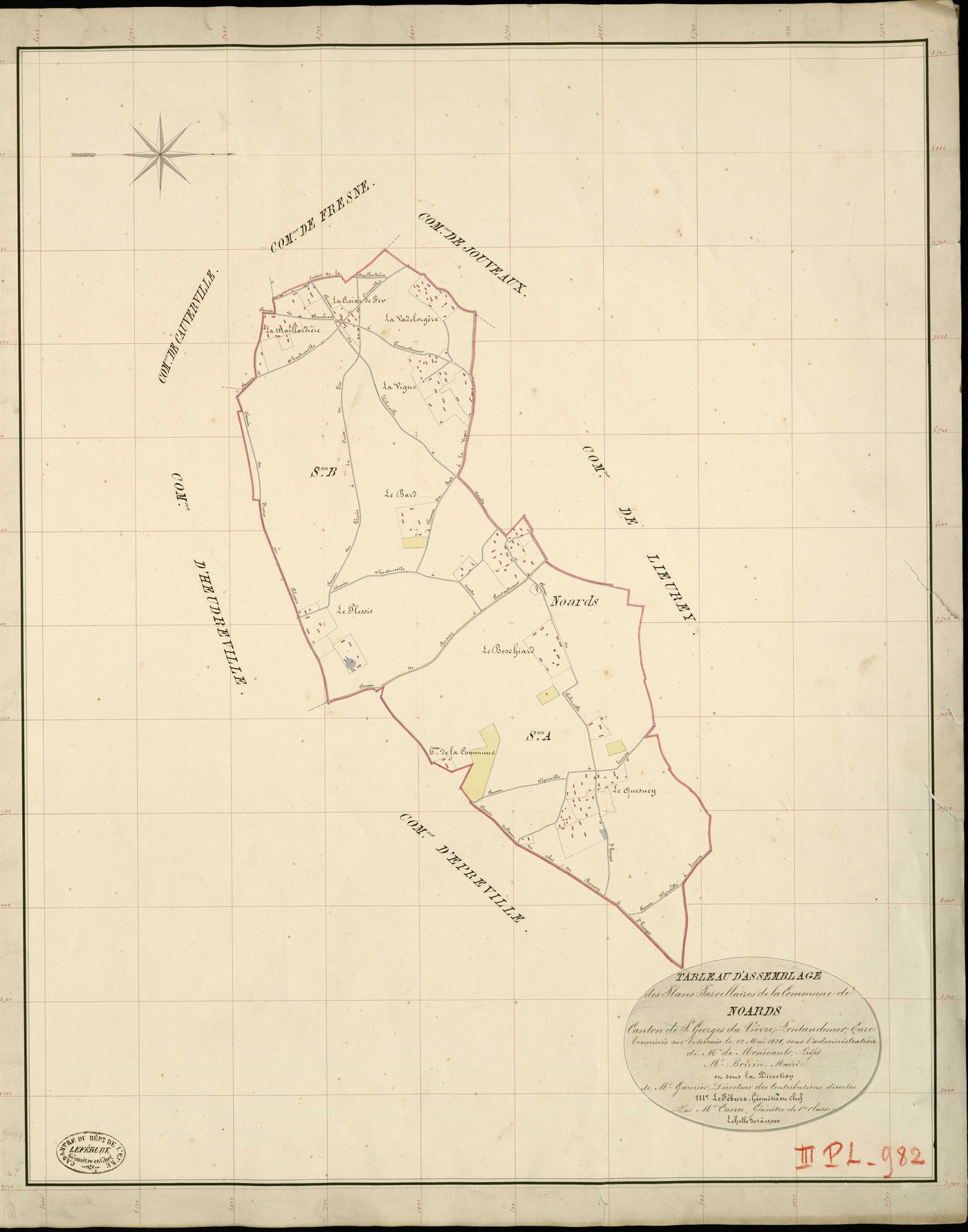 Noards. Tableau d'assemblage _ du Plan Parcellaire de la Commune de Noards _ Canton de St Georges-du-Vièvre - Pontaudemer - Eure. _ Terminé sur le Terrain le 12 mai 1838 , sous l'administration de M. de Monicault, Préfet _ M. Boivin, Maire 