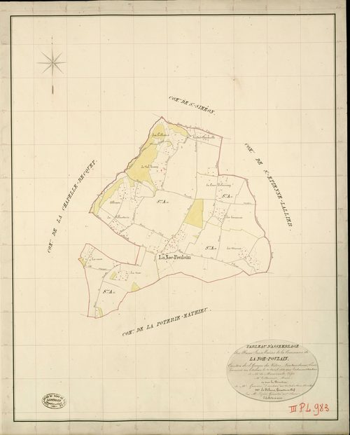 Noé-Poulain (La). Tableau d'assemblage _ du Plan Parcellaire de la Commune de la Noe-Poulain _ Canton de St Georges-du-Vièvre - Pontaudemer - Eure. _ Terminé sur le Terrain le 21 avril 1838 , sous l'administration de M. de Monicault, Préfet