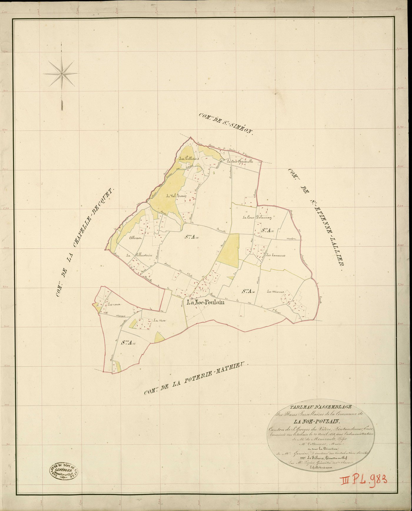 Noé-Poulain (La). Tableau d'assemblage _ du Plan Parcellaire de la Commune de la Noe-Poulain _ Canton de St Georges-du-Vièvre - Pontaudemer - Eure. _ Terminé sur le Terrain le 21 avril 1838 , sous l'administration de M. de Monicault, Préfet
