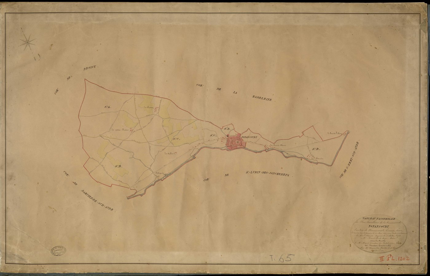 Nonancourt. Tableau d'assemblage _ du Plan Parcellaire de la Commune de Nonancourt _ Canton de Nonancourt - Evreux - Eure. _ Terminé sur le Terrain le 1 Mai 1830, sous l'administration de M. Le Vicomte Raymond Delaitre, Préfet _ M. Revel Sa