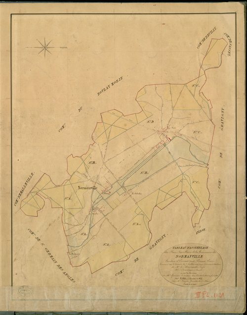 Normanville. Tableau d'assemblage _ du Plan Parcellaire de la Commune de Normanville _ Canton de Evreux (nord) - Evreux - Eure. _ Terminé sur le Terrain le 2 Juillet 1841 , sous l'administration de M. de Monicault, Préfet _ M. Doucerain, Ma