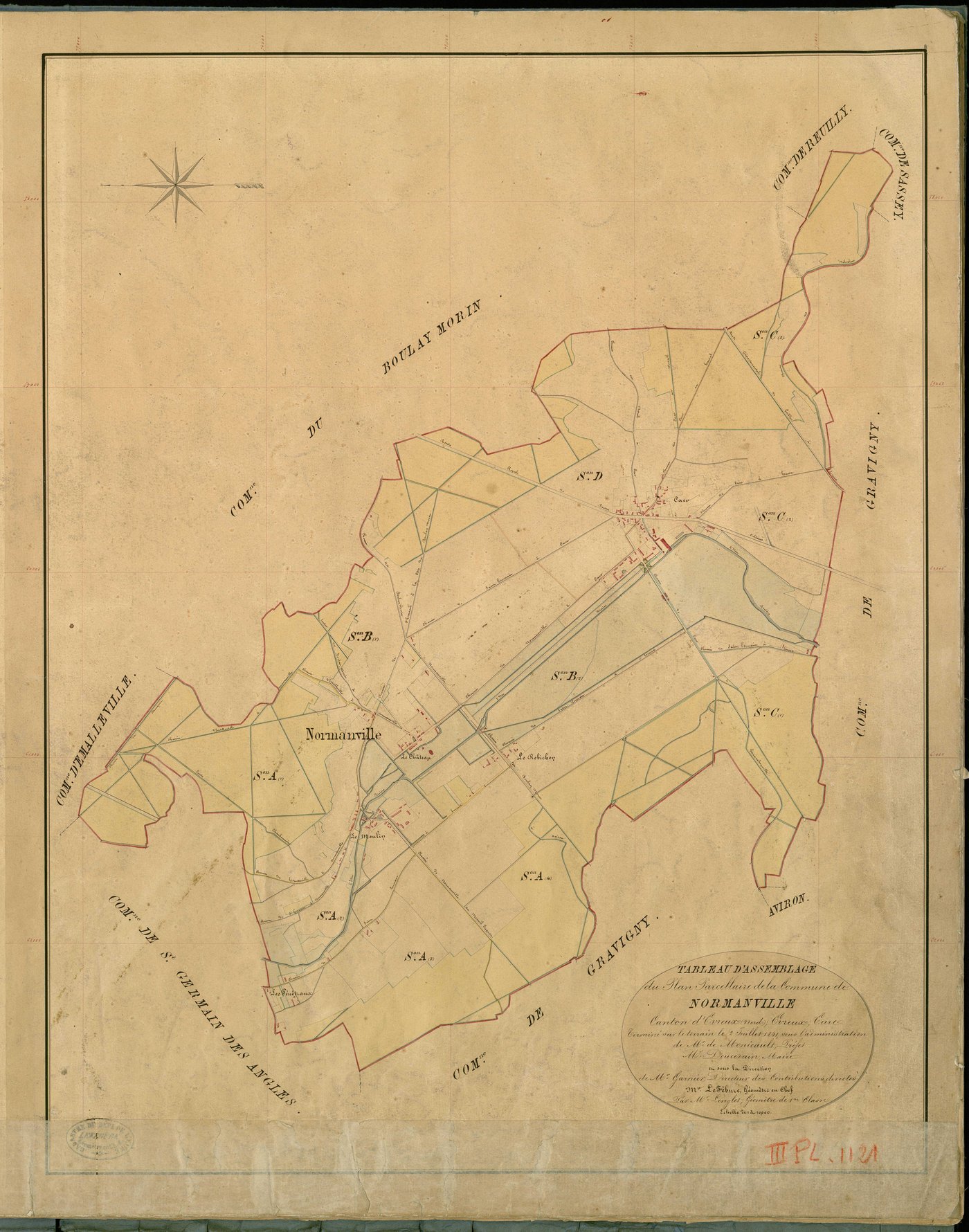 Normanville. Tableau d'assemblage _ du Plan Parcellaire de la Commune de Normanville _ Canton de Evreux (nord) - Evreux - Eure. _ Terminé sur le Terrain le 2 Juillet 1841 , sous l'administration de M. de Monicault, Préfet _ M. Doucerain, Ma