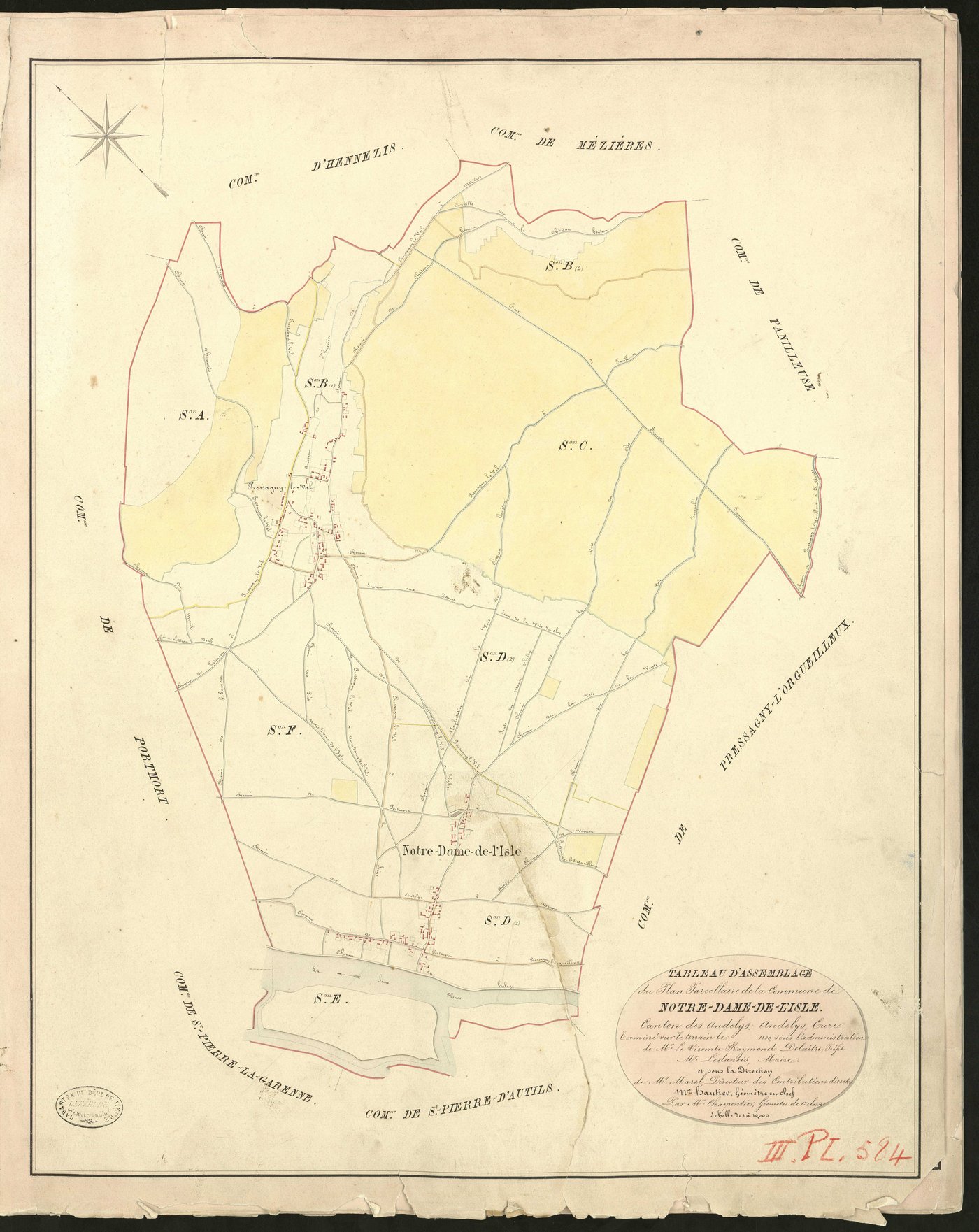 Notre-Dame-de-l'Isle. Tableau d'assemblage du Plan Parcellaire de la Commune de Notre-Dame-de-l'Isle. _ Canton des Andelys - Andelys, Eure. _ Terminé sur le terrain en 1830, sous l'administration de M. Le Vicomte Raymond Delaitre, Préfet - 