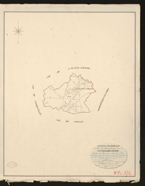 Notre-Dame-d'Epine. Tableau d'assemblage _ du Plan Parcellaire de la Commune de Notre-Dame-D'Epine _ Canton de Brionne - Bernay - Eure. _ Terminé sur le Terrain le 15 avril 1827, sous l'administration de M.le Vicomte Raymond Delaitre, Préfe