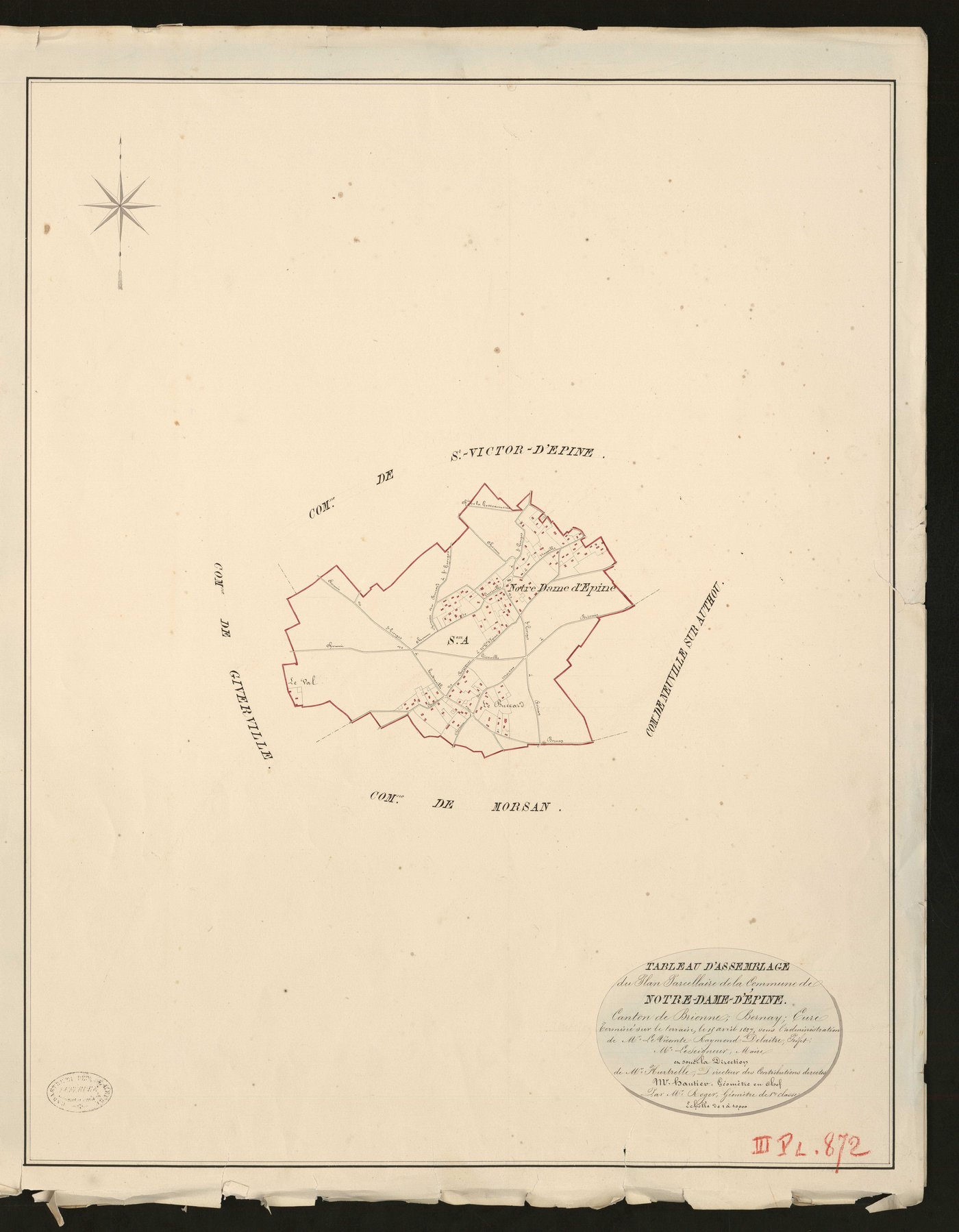 Notre-Dame-d'Epine. Tableau d'assemblage _ du Plan Parcellaire de la Commune de Notre-Dame-D'Epine _ Canton de Brionne - Bernay - Eure. _ Terminé sur le Terrain le 15 avril 1827, sous l'administration de M.le Vicomte Raymond Delaitre, Préfe