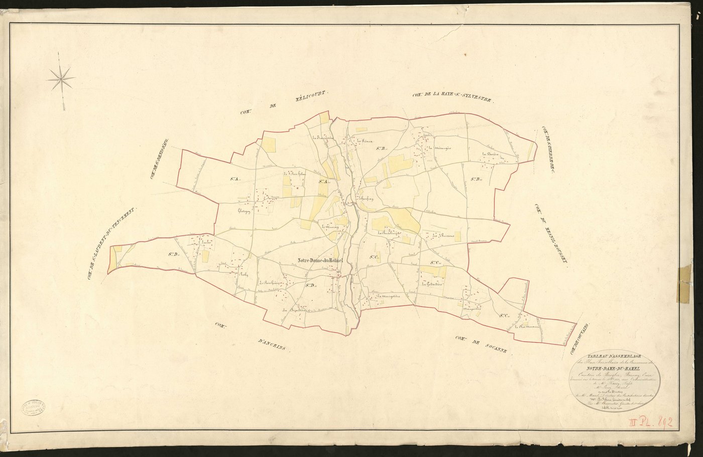 Notre-Dame-du-Hamel. Tableau d'assemblage _ du Plan Parcellaire de la Commune de _ Notre-Dame-du-Hamel _ Canton de Broglie - Bernay - Eure. _ Terminé sur le terrain le 12 octobre 1831 sous l'administration _ de Mr Passy, Préfet _ Mr Leroy, 