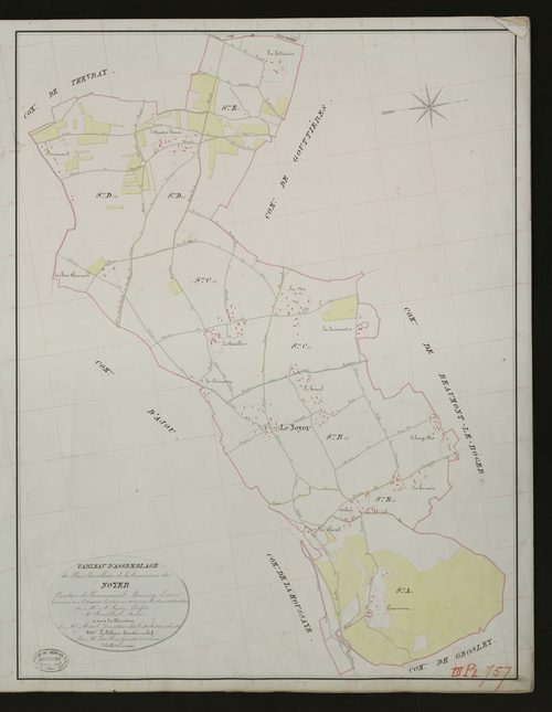 Noyer-en-Ouche (Le). Tableau d'assemblage _ du Plan Parcellaire de la Commune de Noyer. _ Canton de Beaumesnil - Bernay - Eure. _ Terminé sur le terrain le 23 mai 1833 sous l'administration de M. A. Passy, Préfet _ M.Rouillon maire _ en sou