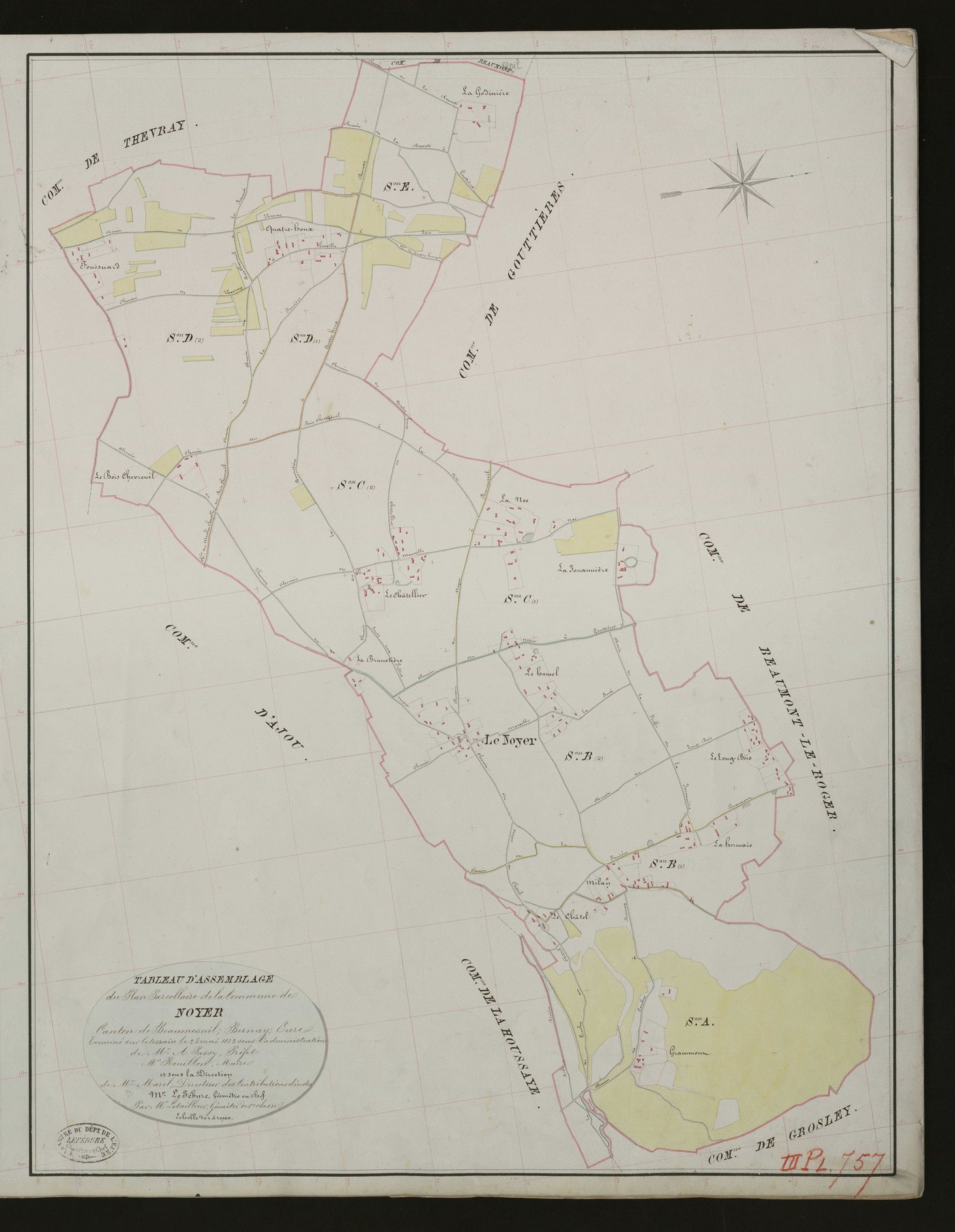 Noyer-en-Ouche (Le). Tableau d'assemblage _ du Plan Parcellaire de la Commune de Noyer. _ Canton de Beaumesnil - Bernay - Eure. _ Terminé sur le terrain le 23 mai 1833 sous l'administration de M. A. Passy, Préfet _ M.Rouillon maire _ en sou