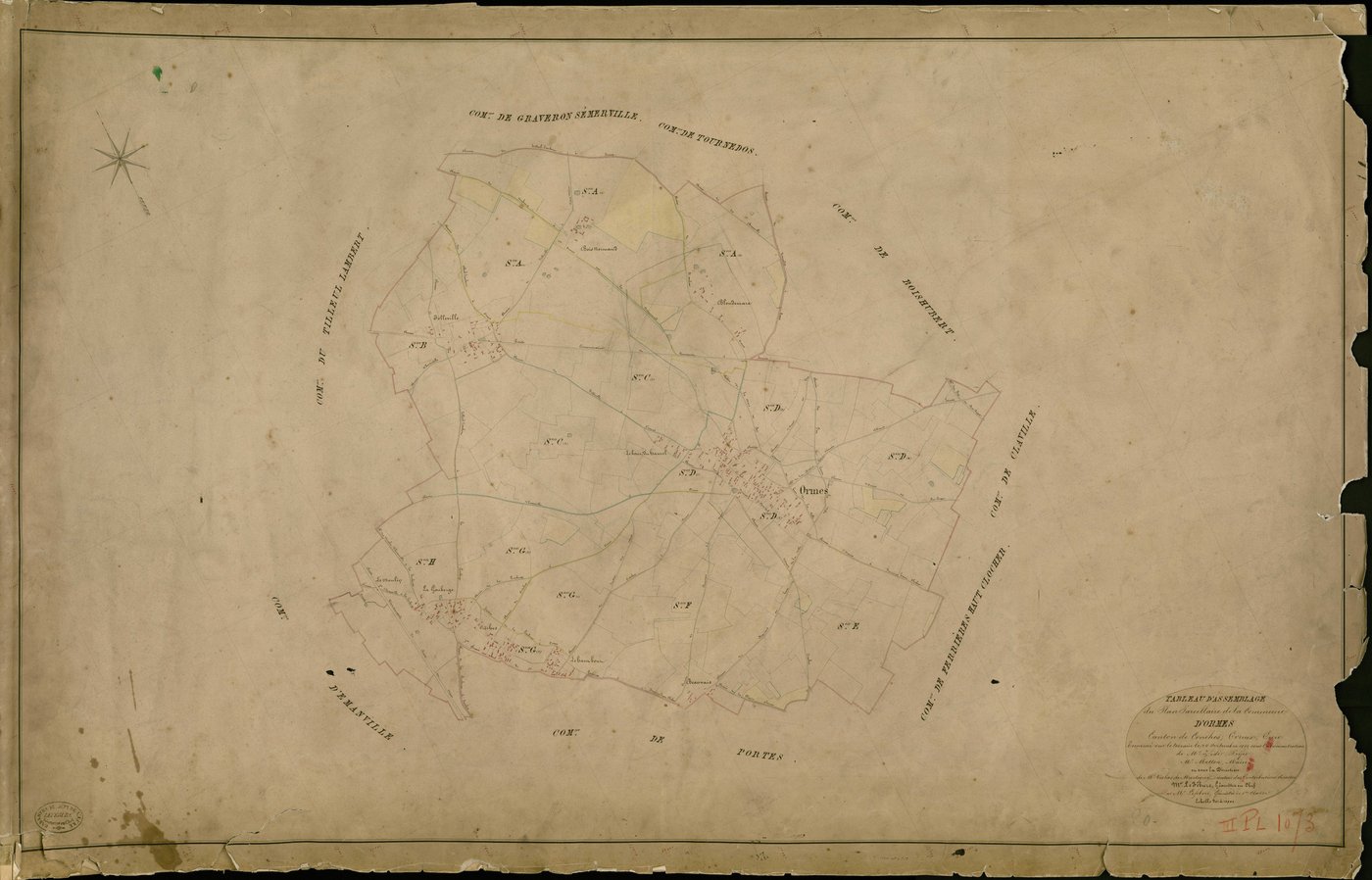 Ormes. Tableau d'assemblage _ du Plan Parcellaire de la Commune d'Ormes _ Canton de Conches - Evreux - Eure. _ Terminé sur le Terrain le 24 Septembre 1844 , sous l'administration de M. Zédé, Préfet _ M. Metton, Maire _ sous la Direction de 