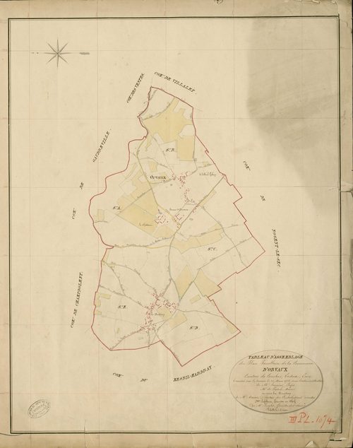 Orvaux. Tableau d'assemblage _ du Plan Parcellaire de la Commune d'Orvaux _ Canton de Conches - Evreux - Eure. _ Terminé sur le Terrain le 20 Mars 1856 , sous l'administration de M. Janvier, Préfet _ M. de Postel, Maire _ sous la Direction 