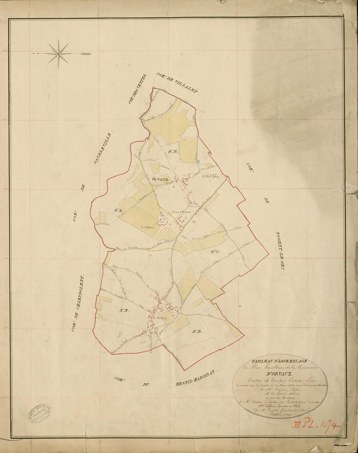Orvaux. Tableau d'assemblage _ du Plan Parcellaire de la Commune d'Orvaux _ Canton de Conches - Evreux - Eure. _ Terminé sur le Terrain le 20 Mars 1856 , sous l'administration de M. Janvier, Préfet _ M. de Postel, Maire _ sous la Direction 