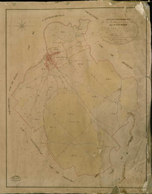Pacy-sur-Eure. Tableau d'assemblage _ du Plan Parcellaire de la Commune de Pacy sur Eure _ Canton de Pacy sur Eure - Evreux - Eure. _ Terminé sur le Terrain le 1er aout 1851, sous l'administration de M. Le Comte Guyot, Préfet _ M. Buisson, 