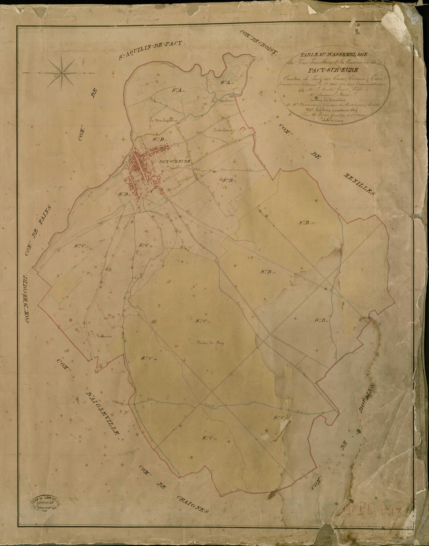 Pacy-sur-Eure. Tableau d'assemblage _ du Plan Parcellaire de la Commune de Pacy sur Eure _ Canton de Pacy sur Eure - Evreux - Eure. _ Terminé sur le Terrain le 1er aout 1851, sous l'administration de M. Le Comte Guyot, Préfet _ M. Buisson, 