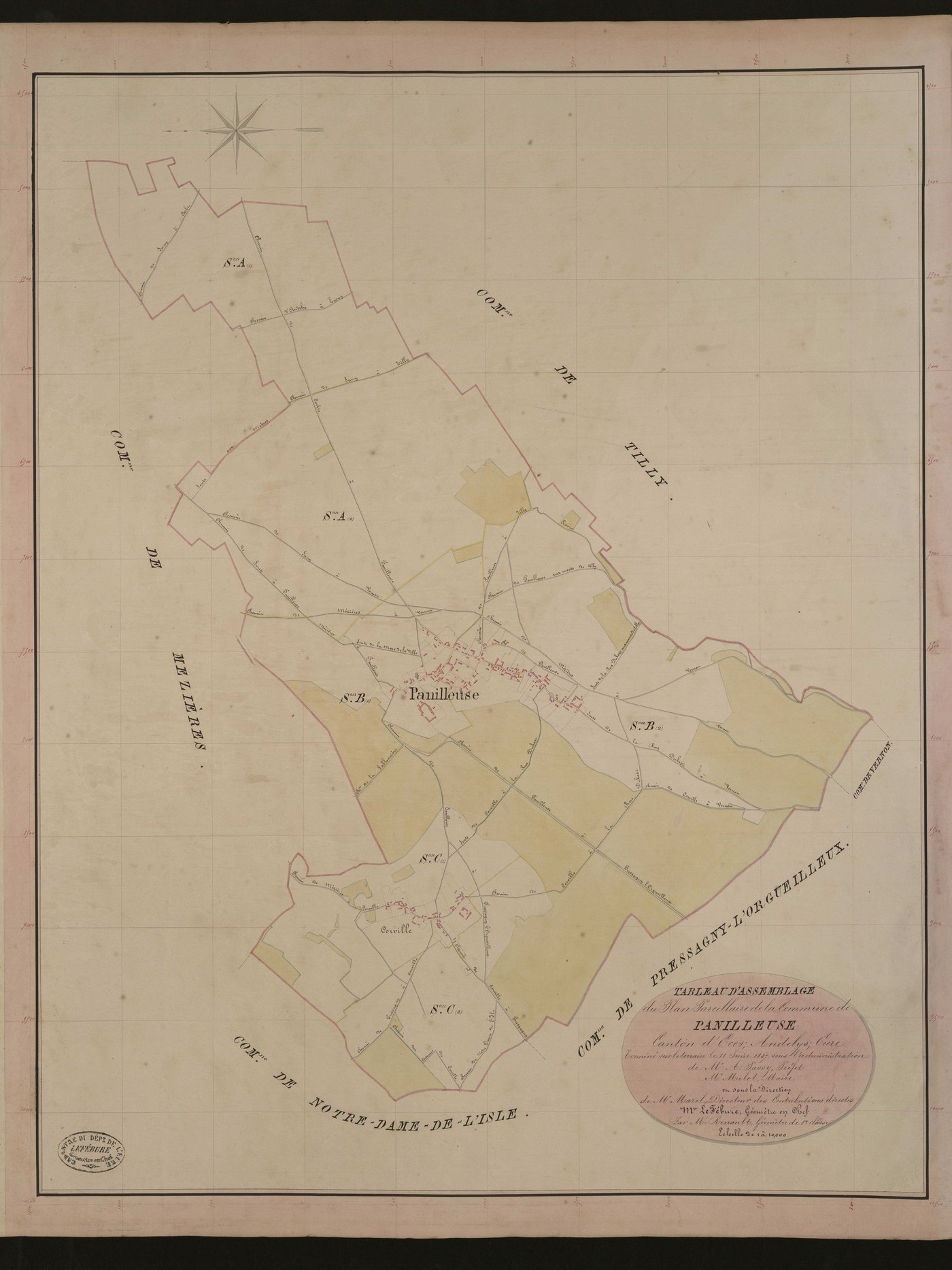 Panilleuse. Tableau d'assemblage du Plan Parcellaire de la Commune de Panilleuse. _ Canton d'Ecos - Andelys - Eure. _ Terminé sur le terrain le 11 juin 1837, sous l'administration de M. A Passy, Préfet - M. Mulot, Maire et sous la direction