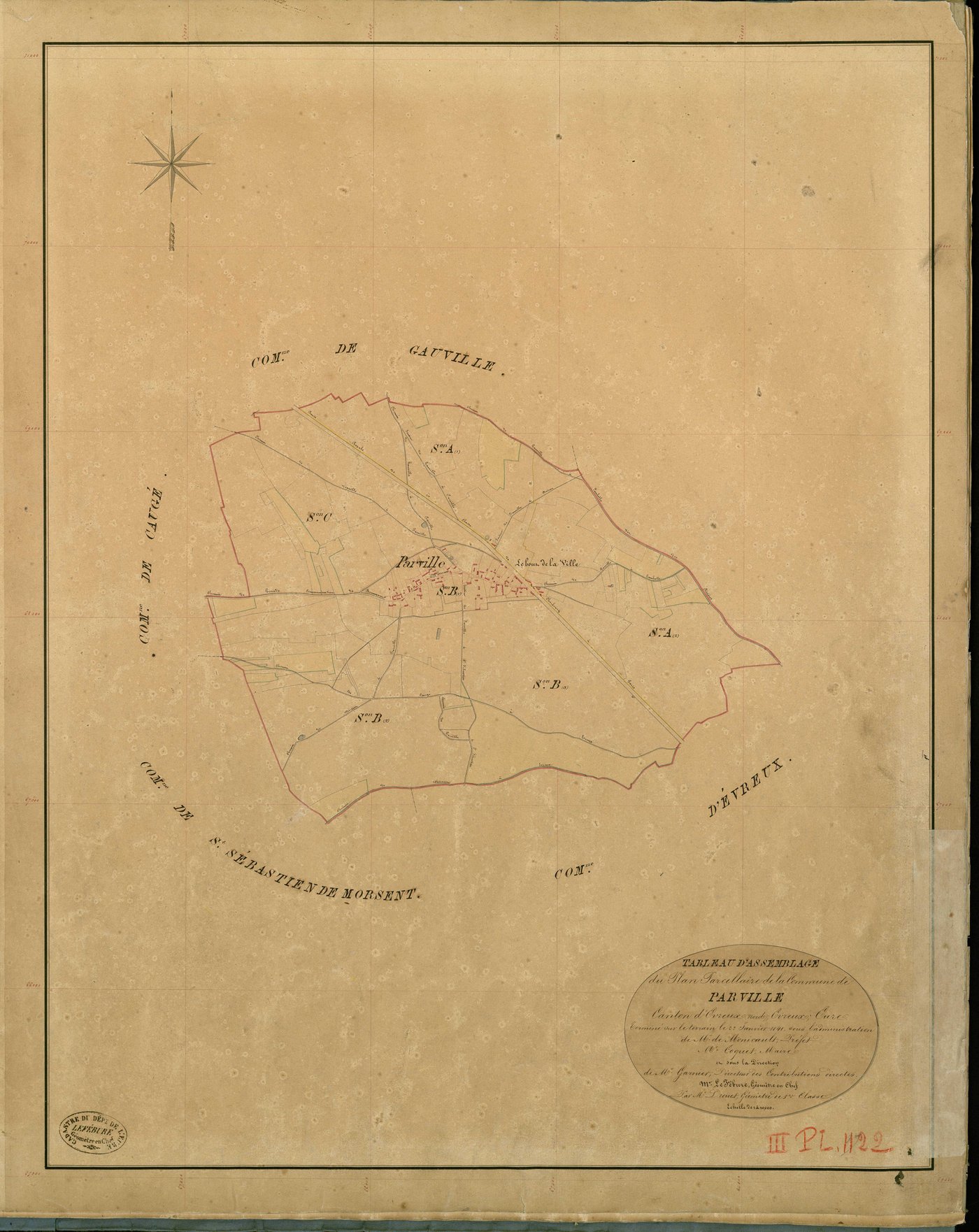Parville. Tableau d'assemblage _ du Plan Parcellaire de la Commune de Parville _ Canton de Evreux (nord) - Evreux - Eure. _ Terminé sur le Terrain le 22 Janvier 1841 , sous l'administration de M. de Monicault, Préfet _ M. Coquet, Maire _ so