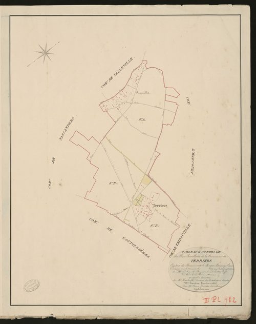 Perriers-la-Campagne. Tableau d'assemblage du Plan Parcellaire de la Commune de Perriers _ Canton de Beaumont-le-Roger - Bernay - Eure. _ Terminé sur le terrain le 1826, sous l'administration de M. Le Vicomte Raymond Delaitre, Préfet - M. B