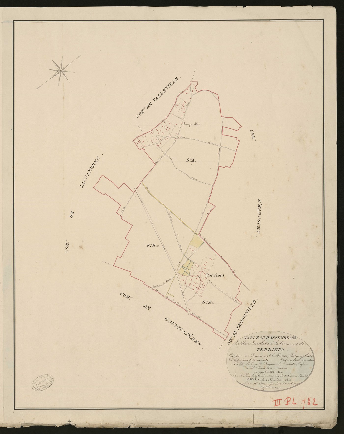 Perriers-la-Campagne. Tableau d'assemblage du Plan Parcellaire de la Commune de Perriers _ Canton de Beaumont-le-Roger - Bernay - Eure. _ Terminé sur le terrain le 1826, sous l'administration de M. Le Vicomte Raymond Delaitre, Préfet - M. B