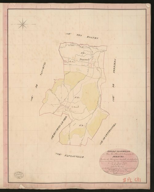 Perruel. Tableau d'assemblage du Plan Parcellaire de la Commune de Perruel. _ Canton de Fleury-sur-Andelle - Andelys - Eure. _ Terminé sur le terrain le 24 août 1835, sous l'administration de M. A. Passy, Préfet - M. Geullard, Maire et sous